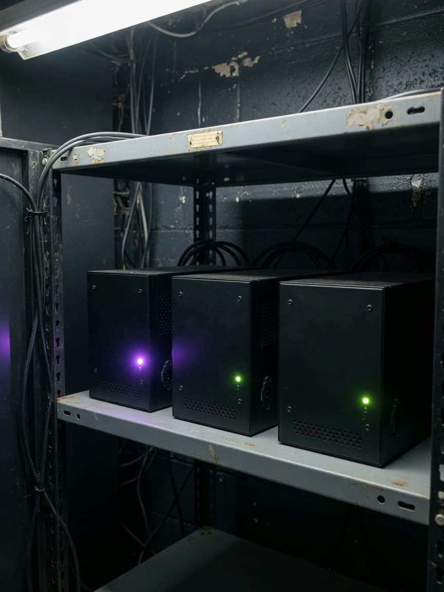 Three identical sealed machines on a shelf, each its own computer.