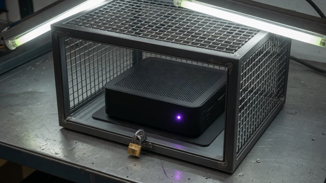 A sealed black machine in a metal cage, one violet status light on.